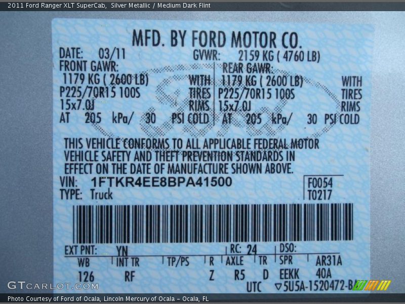 2011 Ranger XLT SuperCab Silver Metallic Color Code YN