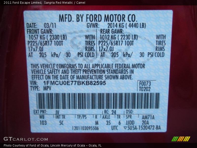 2011 Escape Limited Sangria Red Metallic Color Code JV