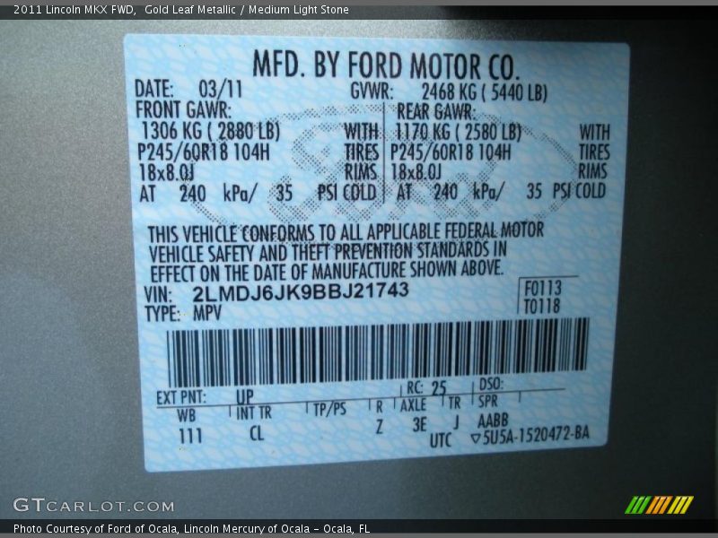 Gold Leaf Metallic / Medium Light Stone 2011 Lincoln MKX FWD
