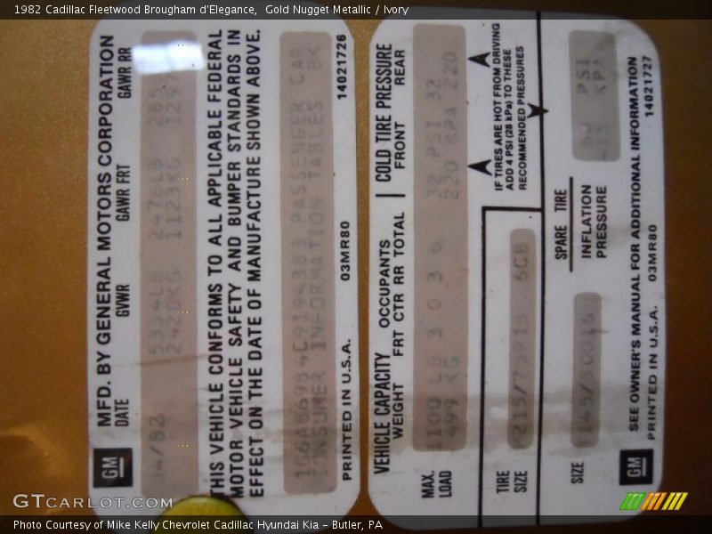 Gold Nugget Metallic / Ivory 1982 Cadillac Fleetwood Brougham d'Elegance