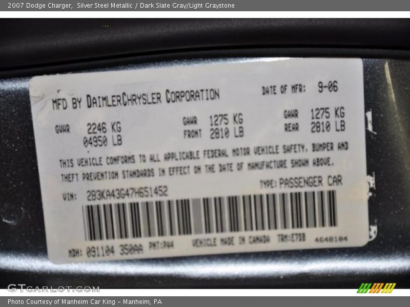 Silver Steel Metallic / Dark Slate Gray/Light Graystone 2007 Dodge Charger