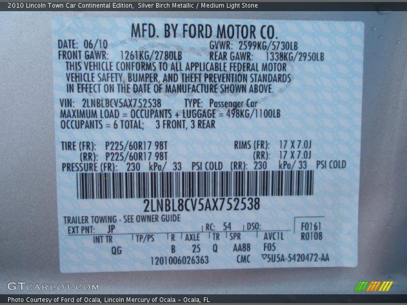 Silver Birch Metallic / Medium Light Stone 2010 Lincoln Town Car Continental Edition