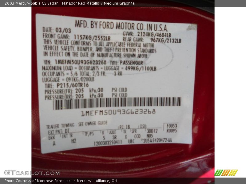 2003 Sable GS Sedan Matador Red Metallic Color Code DT