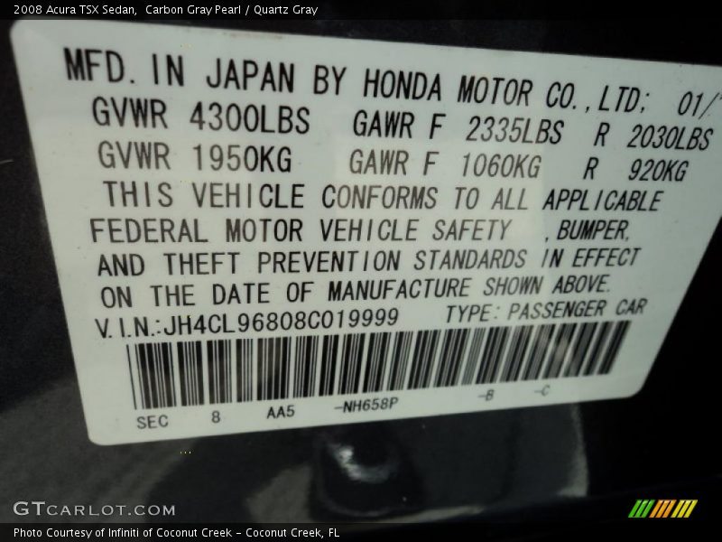 Carbon Gray Pearl / Quartz Gray 2008 Acura TSX Sedan