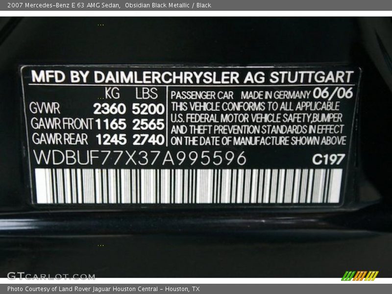 2007 E 63 AMG Sedan Obsidian Black Metallic Color Code 197