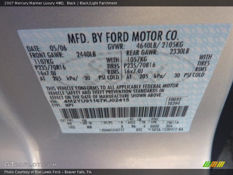 Black / Black/Light Parchment 2007 Mercury Mariner Luxury 4WD