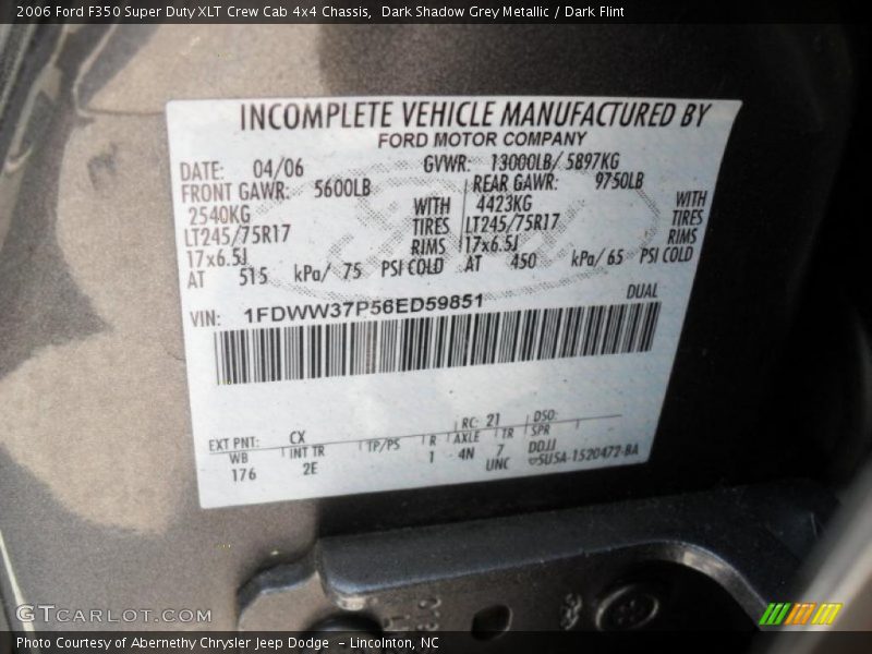 2006 F350 Super Duty XLT Crew Cab 4x4 Chassis Dark Shadow Grey Metallic Color Code CX