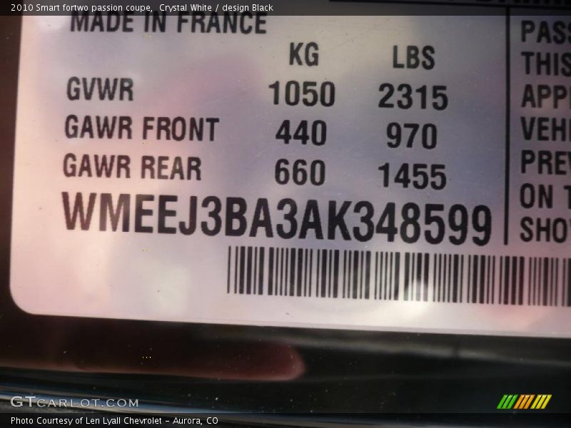 Crystal White / design Black 2010 Smart fortwo passion coupe