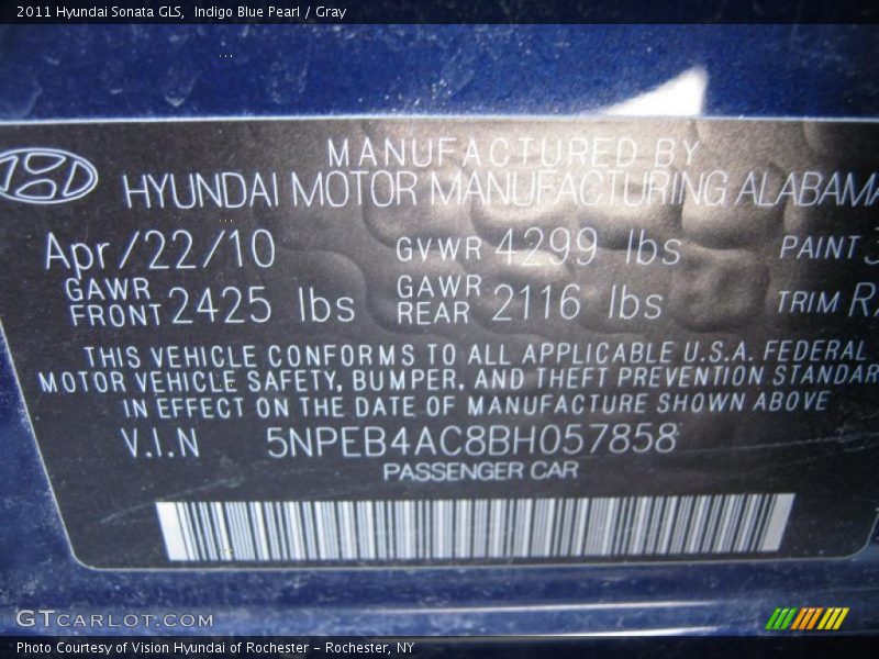 Indigo Blue Pearl / Gray 2011 Hyundai Sonata GLS