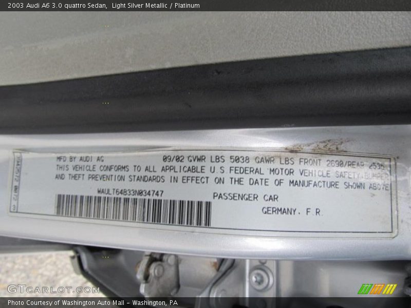 Light Silver Metallic / Platinum 2003 Audi A6 3.0 quattro Sedan