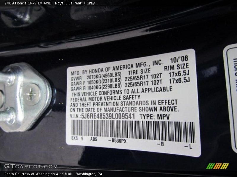 Royal Blue Pearl / Gray 2009 Honda CR-V EX 4WD