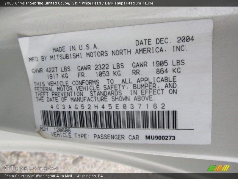 Satin White Pearl / Dark Taupe/Medium Taupe 2005 Chrysler Sebring Limited Coupe