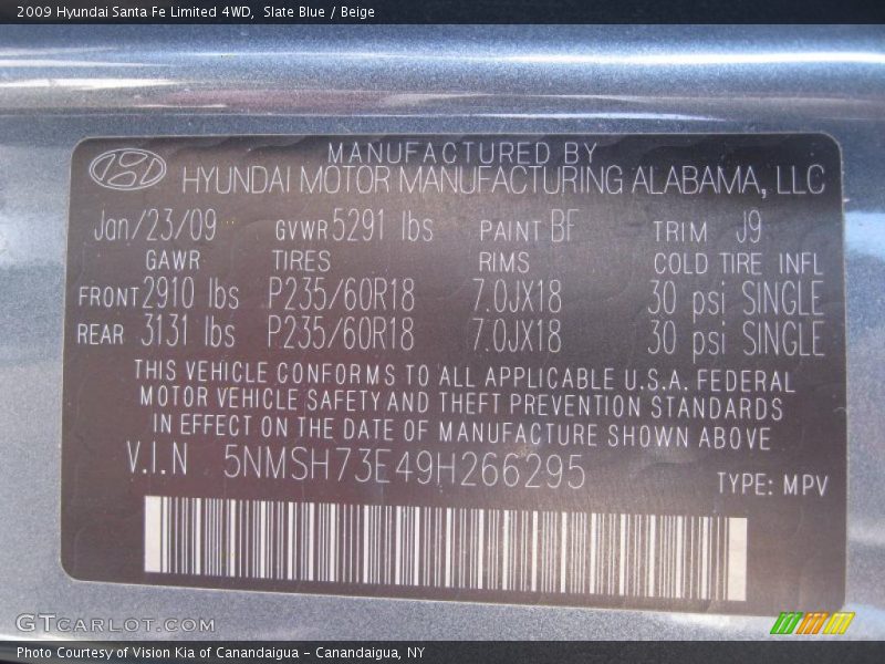 Slate Blue / Beige 2009 Hyundai Santa Fe Limited 4WD