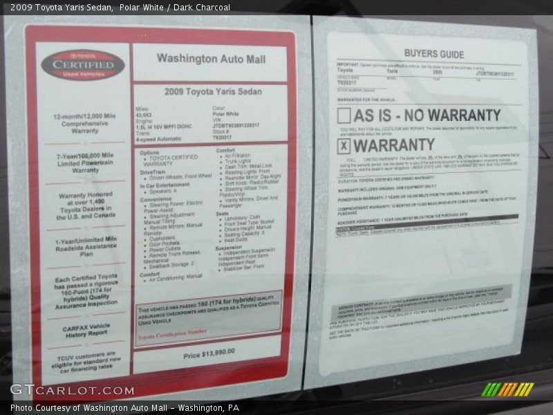 Polar White / Dark Charcoal 2009 Toyota Yaris Sedan