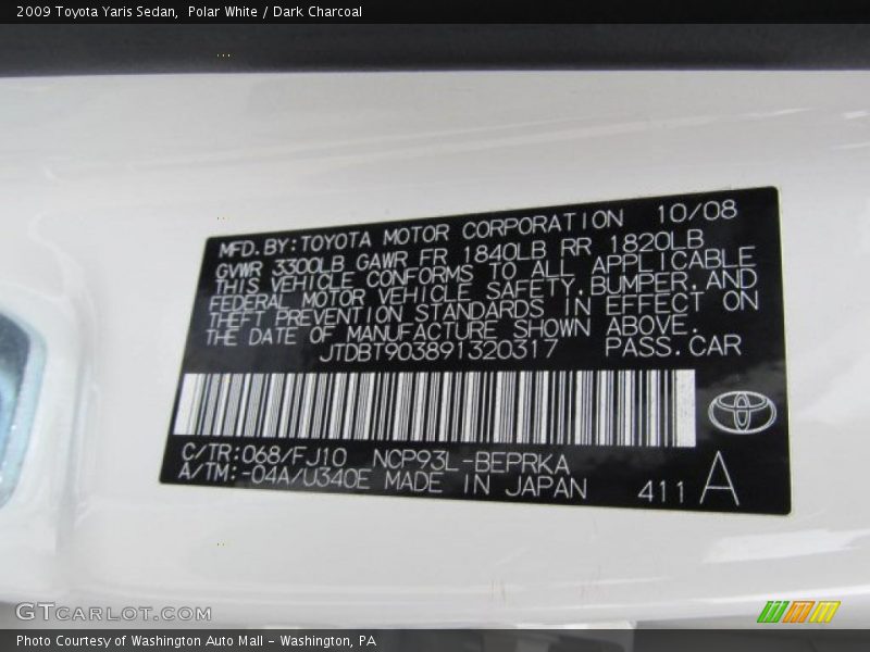 Polar White / Dark Charcoal 2009 Toyota Yaris Sedan