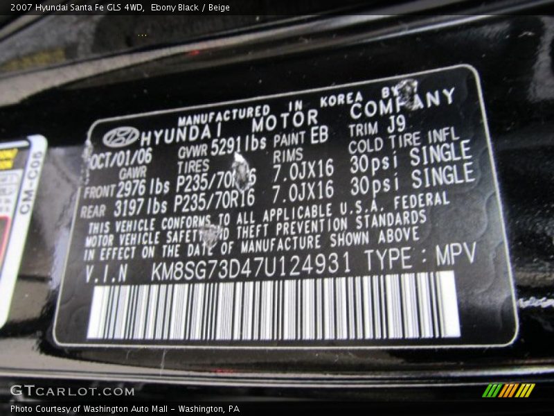 Info Tag of 2007 Santa Fe GLS 4WD