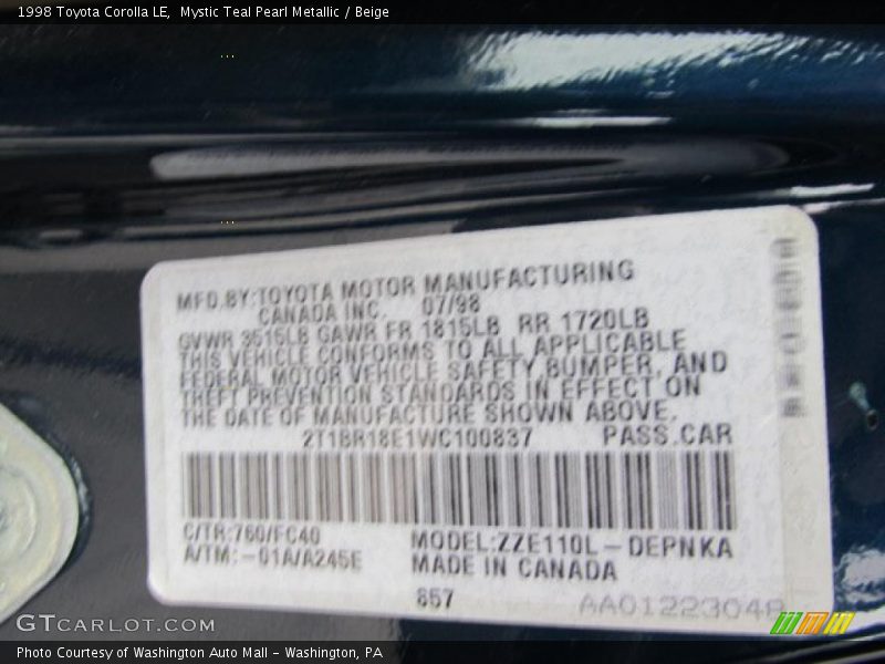 Mystic Teal Pearl Metallic / Beige 1998 Toyota Corolla LE