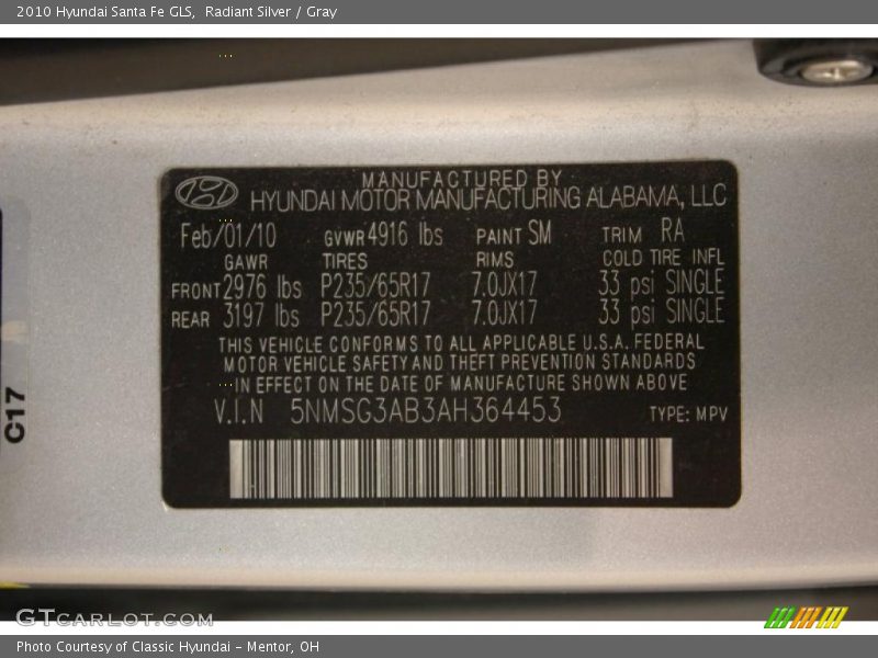 Radiant Silver / Gray 2010 Hyundai Santa Fe GLS