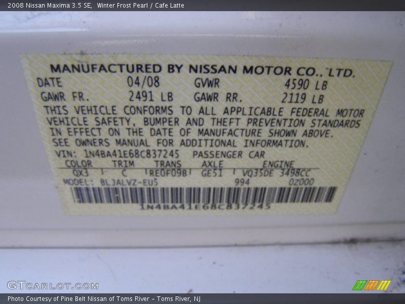 Winter Frost Pearl / Cafe Latte 2008 Nissan Maxima 3.5 SE