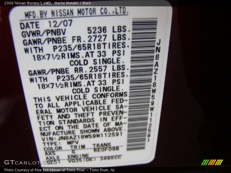 Merlot Metallic / Black 2009 Nissan Murano S AWD
