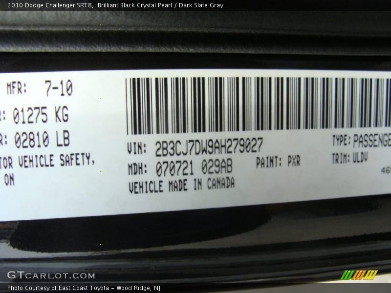 2010 Challenger SRT8 Brilliant Black Crystal Pearl Color Code PXR