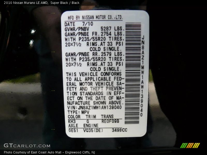 Super Black / Black 2010 Nissan Murano LE AWD