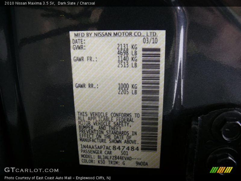 Dark Slate / Charcoal 2010 Nissan Maxima 3.5 SV
