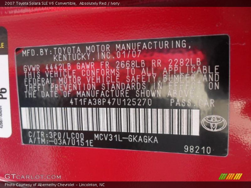 2007 Solara SLE V6 Convertible Absolutely Red Color Code 3P0