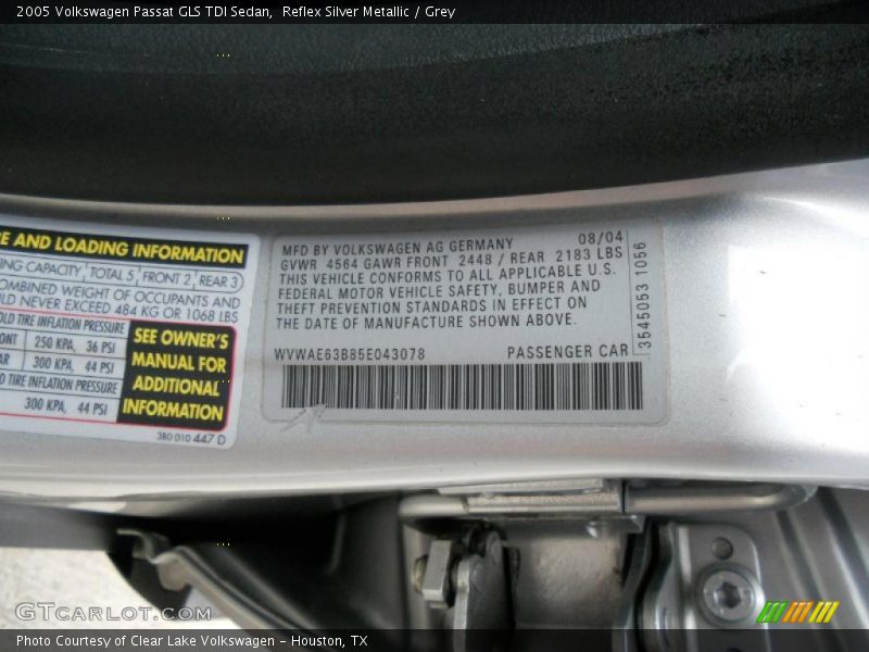 Info Tag of 2005 Passat GLS TDI Sedan