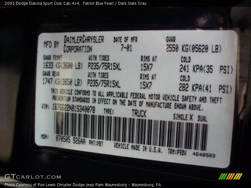 2001 Dakota Sport Club Cab 4x4 Patriot Blue Pearl Color Code PBT