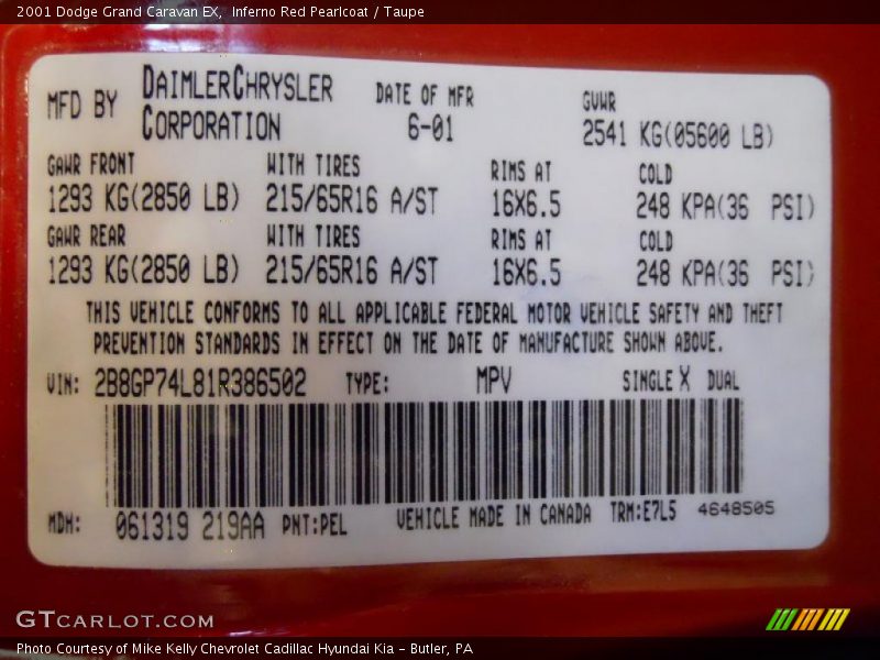 2001 Grand Caravan EX Inferno Red Pearlcoat Color Code PEL