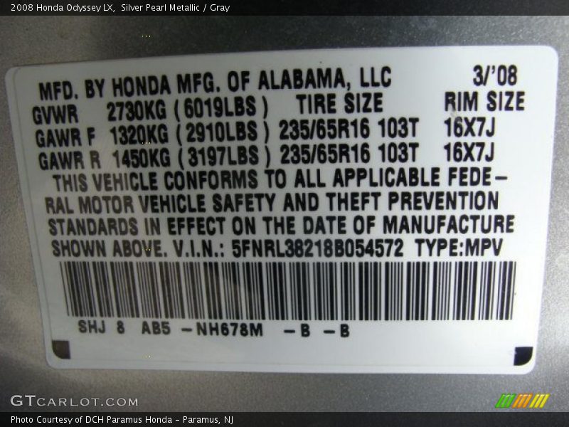 Silver Pearl Metallic / Gray 2008 Honda Odyssey LX
