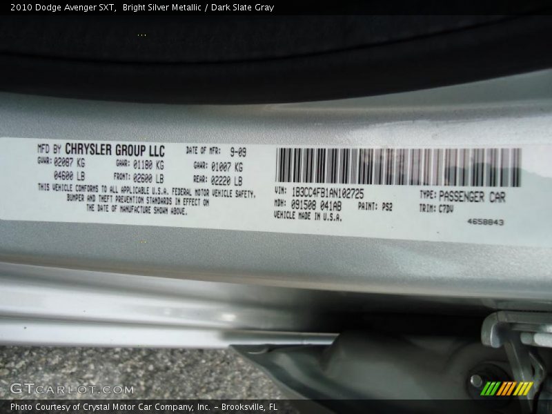Bright Silver Metallic / Dark Slate Gray 2010 Dodge Avenger SXT