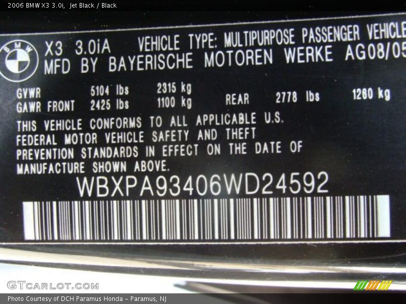 Jet Black / Black 2006 BMW X3 3.0i