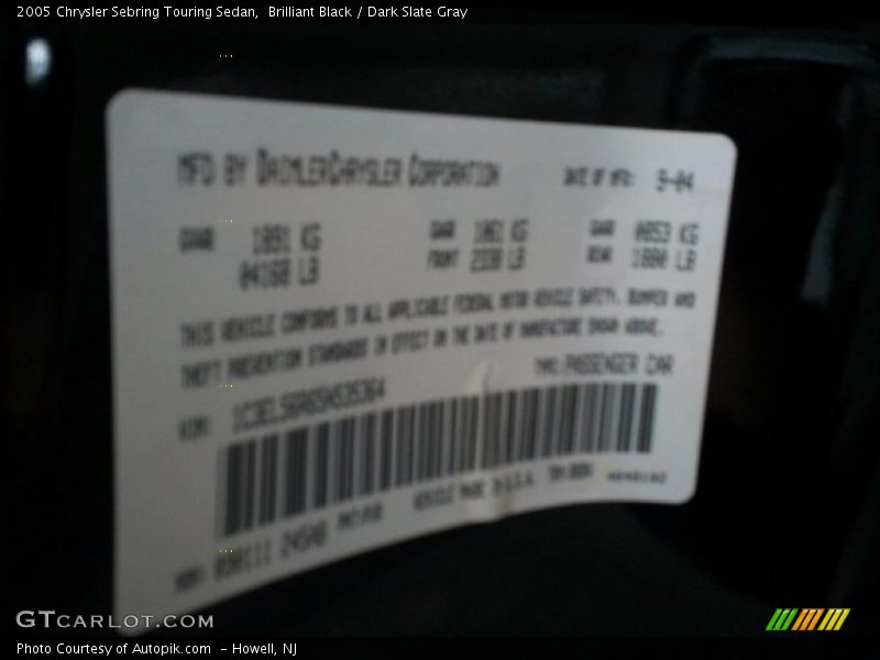 Brilliant Black / Dark Slate Gray 2005 Chrysler Sebring Touring Sedan