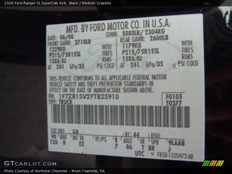 Black / Medium Graphite 2000 Ford Ranger XL SuperCab 4x4