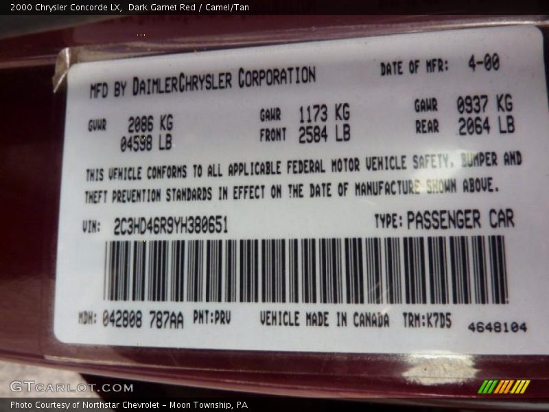2000 Concorde LX Dark Garnet Red Color Code PRV