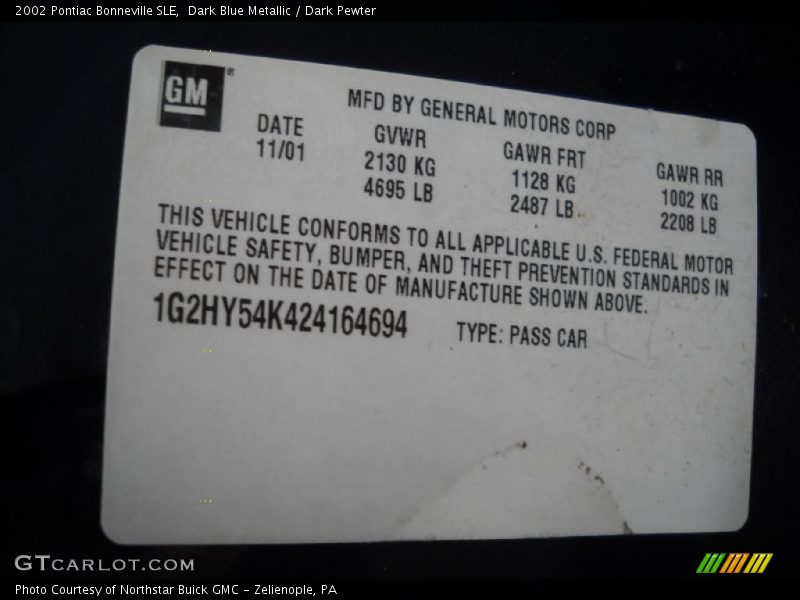 Info Tag of 2002 Bonneville SLE