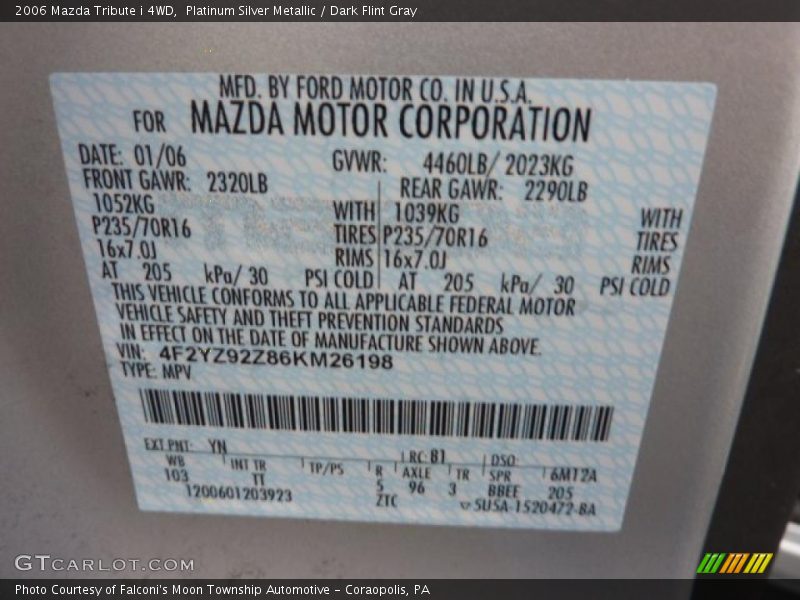 2006 Tribute i 4WD Platinum Silver Metallic Color Code YN