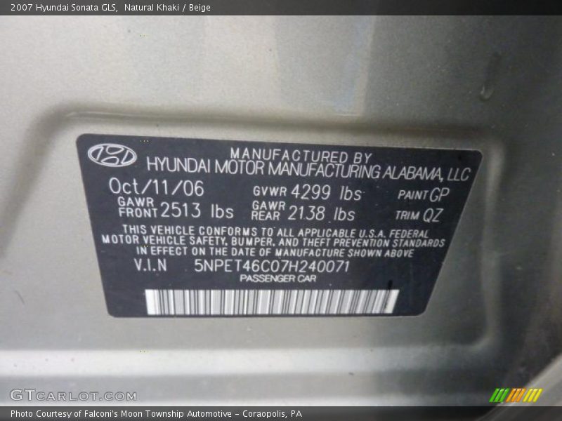 Natural Khaki / Beige 2007 Hyundai Sonata GLS