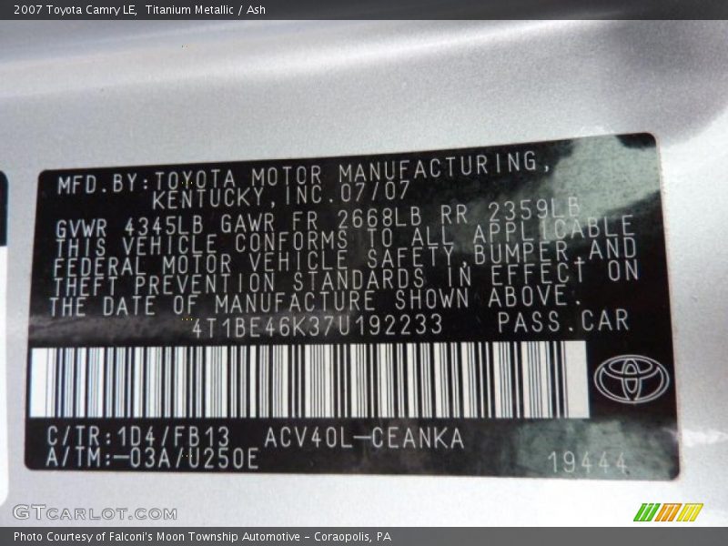 Titanium Metallic / Ash 2007 Toyota Camry LE