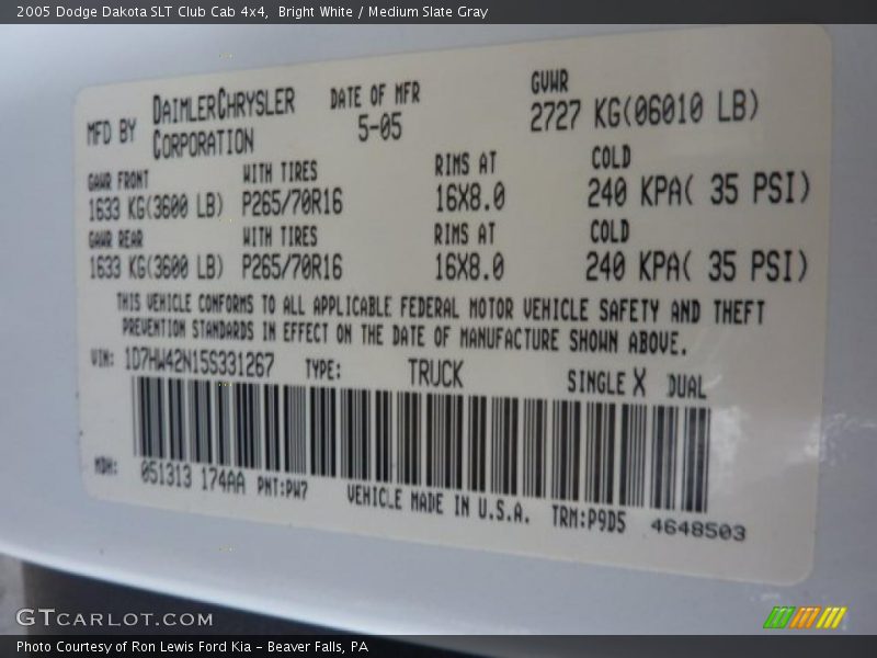 Bright White / Medium Slate Gray 2005 Dodge Dakota SLT Club Cab 4x4