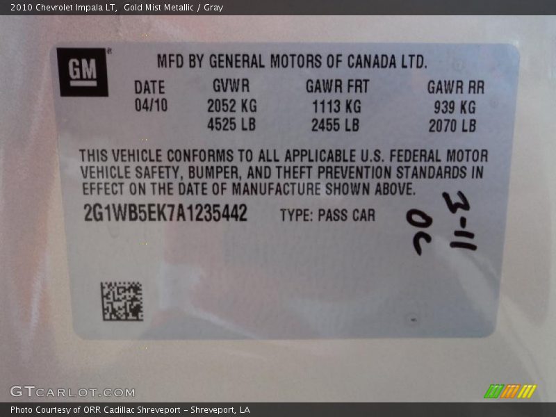 Gold Mist Metallic / Gray 2010 Chevrolet Impala LT