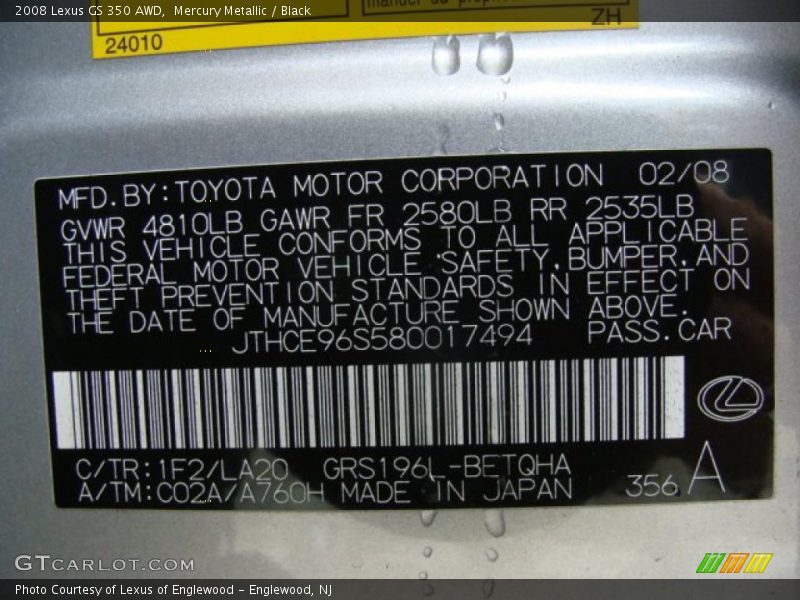 Mercury Metallic / Black 2008 Lexus GS 350 AWD