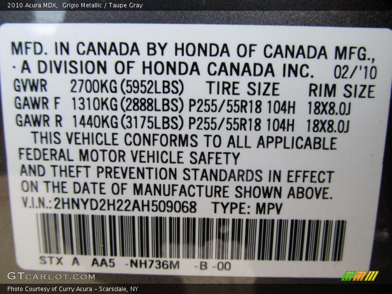 2010 MDX  Grigio Metallic Color Code NH736M