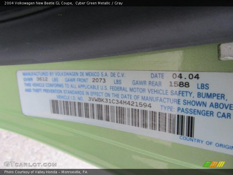 Info Tag of 2004 New Beetle GL Coupe