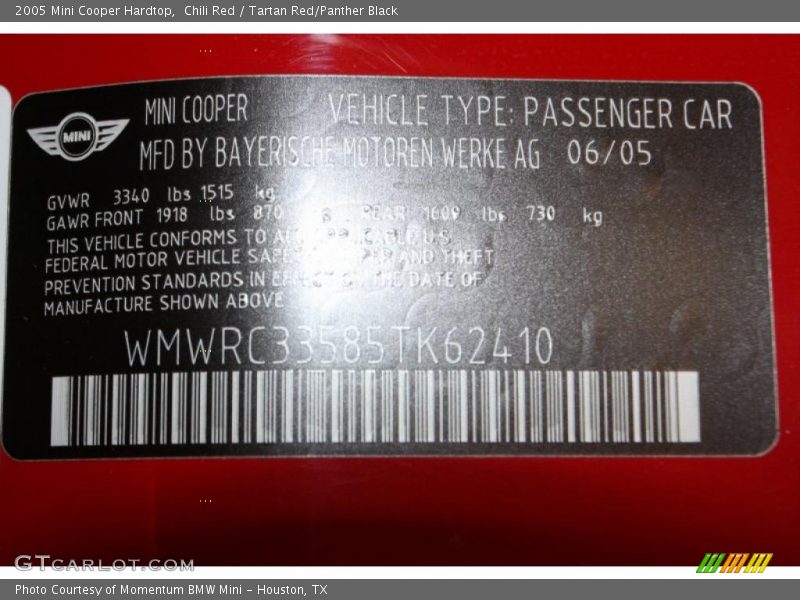 Chili Red / Tartan Red/Panther Black 2005 Mini Cooper Hardtop
