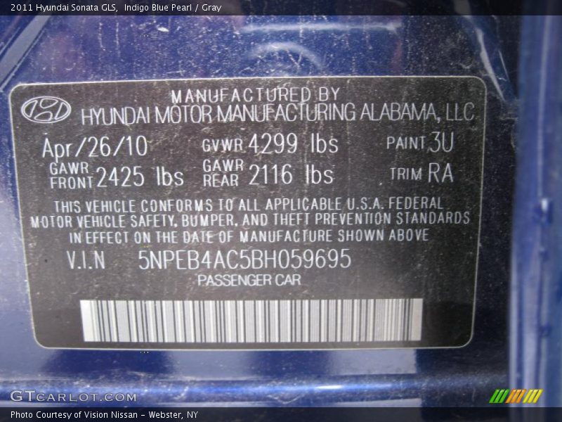 Indigo Blue Pearl / Gray 2011 Hyundai Sonata GLS
