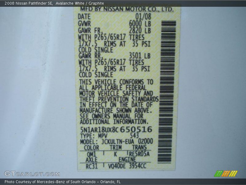 Avalanche White / Graphite 2008 Nissan Pathfinder SE