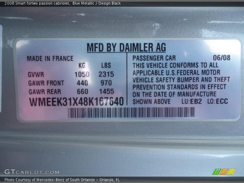 Info Tag of 2008 fortwo passion cabriolet